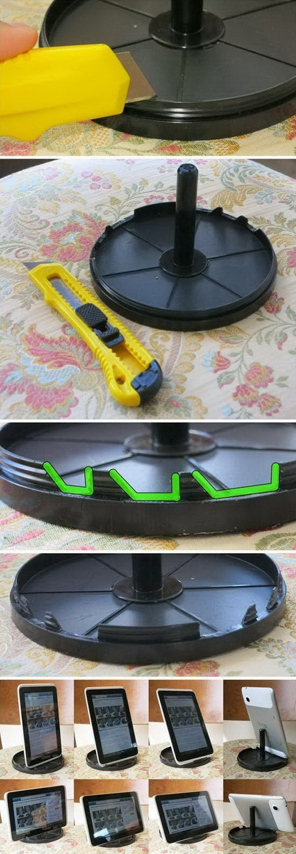 DIY CD spindle iPad stand. It’s super easy to create an iPad stand out of the CD spinder. 