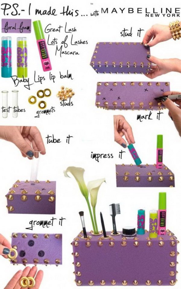 DIY makeup organizer from a foam box. All you need is a colored foam box and some decorative items. Drill some holes to hold your comb, makeup brushes, lipsticks or anything else. 