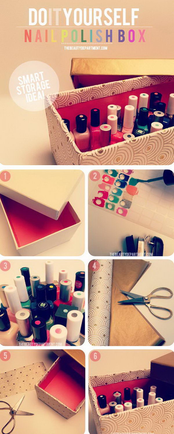 Smart organizer for your nail polishes. Get a shoe box decorated by anyway as you like. Label the colors on the cover of the nail polishes. It is a super smart way to get your innumerable make up items organized and finds the colors when you open the box. 
