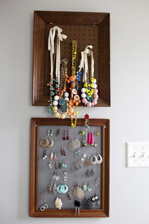 Jewellery storage. Old frames can also be used to hang your fashionable jewellery collection as they will not only be used to store them easily but you can also display the beautiful collectibles. 