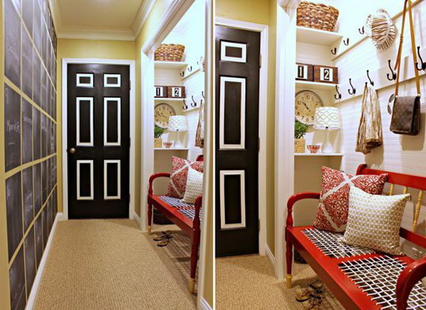 Mudroom with chalkboard wall. It's really great inspiration for many hallways that could be utilized better. The layout of color is so pretty...it has doses of bright color like white yellow and red.  The adorable idea of great black door, big black chalkboard wall, black hooks bring weight to this space. Wow...details are throughout. Love it. 