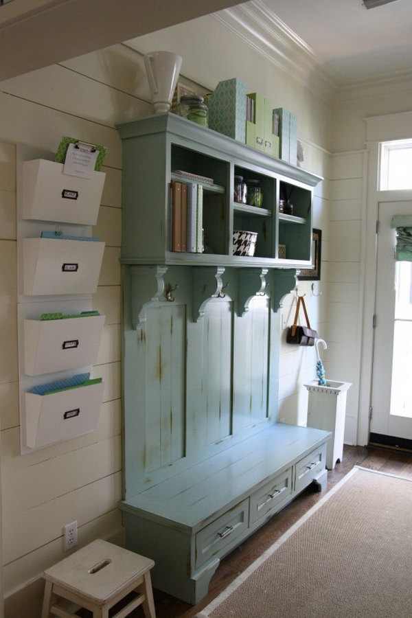 Dreamy color scheme. How inspiring the blue cabinet is. That is an dreamy piece of furniture. The horizontal boarding adds so much character to the room. Really appreciate the smart way everything is labeled. 