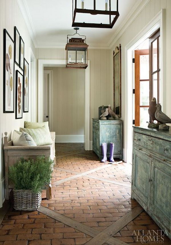 Fresh and rustic mud room. This mudroom is has so many fabulous ideas. Like the furniture pieces, the brick floors, the lighting, and the wall paint color. The idea of brick floors in the house gives it a real rustic feel. 