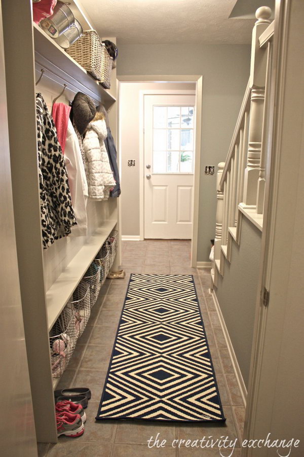  Extra place. If you are looking for a idea for changing your narrow small hallway to a functional mudroom, this would be a great inspiration. Look at the color shades, the rug,  baskets on the bottom to put stuff in, the panel of beadboard to make the surface durable, the hooks to hang up your coats and purses. And this creative idea is easy to diy on budget. 