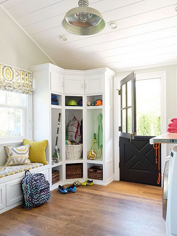 Pretty much perfect! Love the corner white spacious cabinets, they were put to good use storing the stuff.  Making the dutch door a giant add so much character to the space. Adorable functional and pretty laundry mud room. 