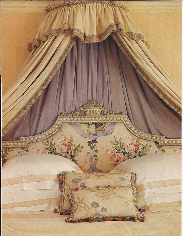 Lavender canopy: This iron crown canopy became an eye catching backdrop in the bedroom and alcove in which to take refuge to abandon intimate dream journeys. 