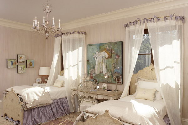 Lavender Princess Bedroom: The pink, lavender and mauve color pallete in this color make a sophisticated and beautiful room. The canopy idea with rods can be used in a room that is not perfectly symmetrical. And other details like the chandelier, the carpet or bed linen are all far beyond brilliant to complete the gorgeous space. 