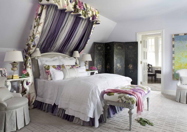 Tufted Bed with the Stripe of Lavender Floral Chintzes