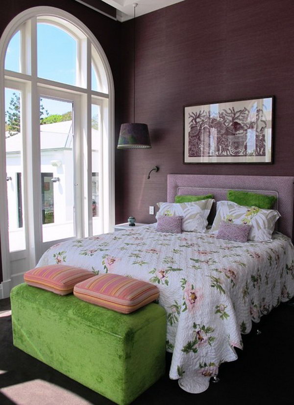 Purple and Green: The color combination of green and purple looks awesome together. I love the hanging lamps and wallpaper, the textures in the room (velvet chest, purple suede look on walls, quilted bedspread…). And the window is spectacular, not only letting in almost floor to ceiling natural light, but also due to shape. Design ideas as they tie together to make the space pretty & elegant at the same time. 