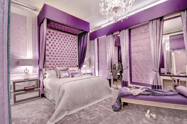 Slight Silvers with Purples Bedroom:I love everything. The hues the decor and designing such as the high tufted bed with the stripe of dark purple near the ceiling and lighter toned purple below,  the tall headboard and walls. This room looks like a room for a young princess. 
