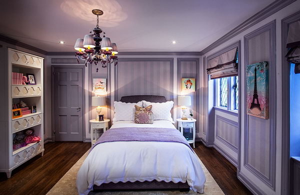 Purple Power: The purple color with the beautiful moldings enclosing the stripes. I love that how the diamond paned windows are set into a little alcove. Especially love the walls framed out with wallpaper to make the room look more cozy and not so big and empty. 