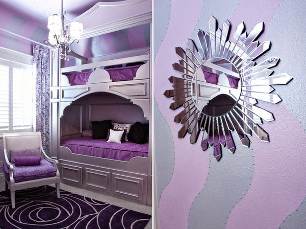 Fairly Vintage Look. This bedroom oozes glamour with its mix of purple hues and reflective materials and surfaces. 