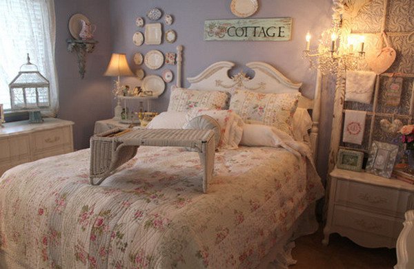 Cottage Shabby Chic:A bedroom as charming as an English cottage garden is a study in lilac, lavender and vanilla, with antique,  chintzes and cutouts to pile on the pretty. Paint walls the softest hint of lavender; make the bed in the floral sheets and pillowcases. 