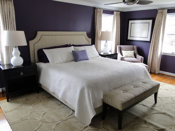 Purple blue and White Deco Bedroom: I love how they pair plethora of dark purple with warm neutrals and light for some contrast. The black furniture  really pops the white lamps and other items around it. 