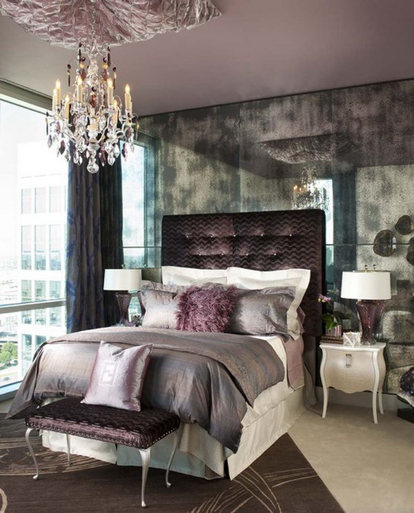 Luxury Purple Everywhere: the hand blown glass pendants in rich purples, the purple tufted velvet headboard and bench and the amethyst glass lamp all scream glam in a romantic, luxurious way. 