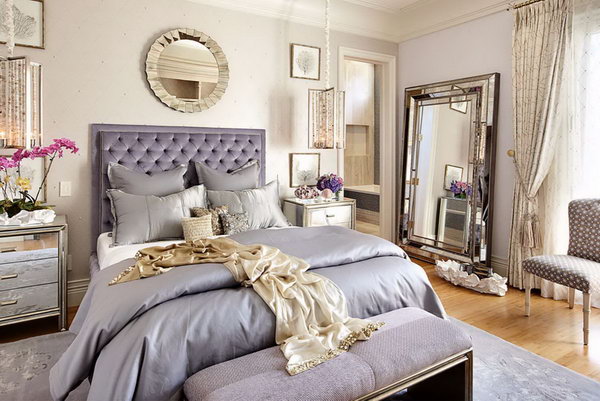 Add Dimensions and Perspective to Your Bedroom: What a elegant and glamorous bedroom. With mirrored bedside tables and a large mirror leaning on the wall, this bedroom is visually enlarged. I also love how it shines from the glow of the nearby lights.