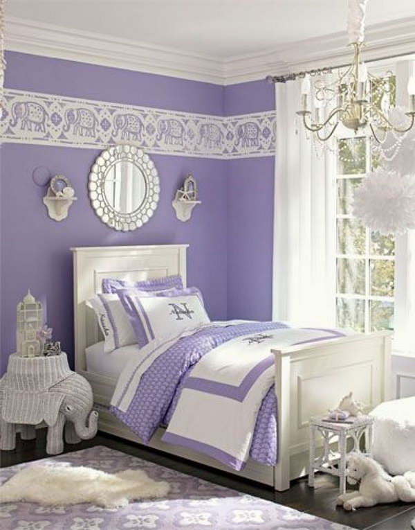 Girl's Dreamy bedroom: Paired with bright white, the color lavender looks even more elegant in this bedroom. The elephants add to exotic feel. A mirror over the headboard reflecting light creat an illusion of added spaciousness. 