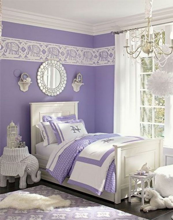 Girl's Dreamy bedroom: Paired with bright white, the color lavender looks even more elegant in this bedroom. The elephants add to exotic feel. A mirror over the headboard reflecting light creat an illusion of added spaciousness.