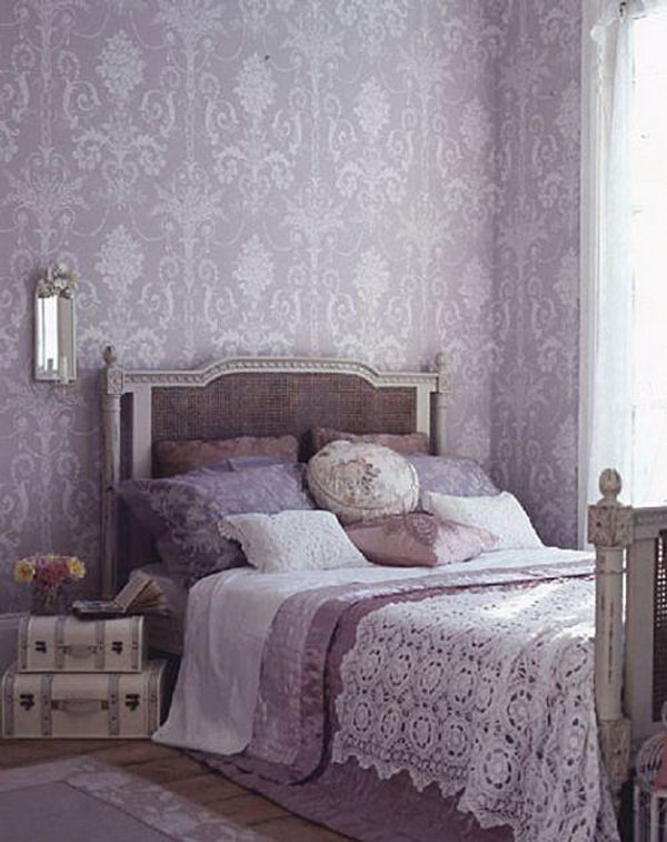 Purple Wallpaper: I love the Laura Ashley Josette wallpaper, the color scheme, the vintage luggage, the French bed, and the bedding. All of these details featured an elegant and romantic bedroom. 