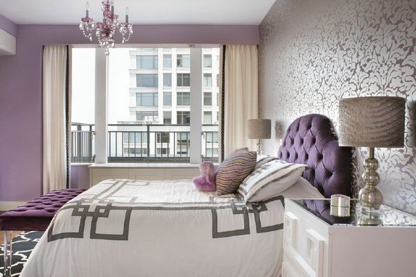 Floral Wallpaper: Great bedspread & pattern, stands out with purple wall. The rug is a great contrast too. 