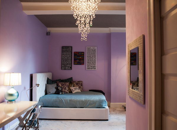 Bubbly Light fixture: The simplicity and elegance of the bedroom is really an inspiration. There are so many great details in this bedroom including the great lavender walls, blue bedding, and bubbly light fixture. 