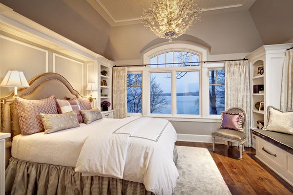 Soothing Master Bedroom: Love the calming effect of the color on the wall. Also Love the feminine feel and the chandelier plus a little pop of color. 