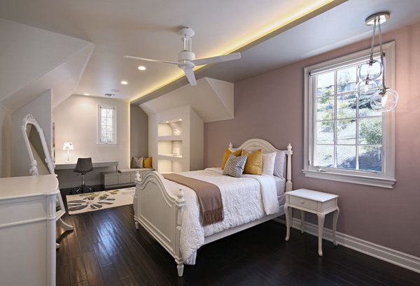 White and Lilac: In this pretty, sophisticated girl's room, white and lilac works well to make a pretty soothing bedroom. The elegant white furnishing adds to pretty and sophistication. The three bulb fixture and the built ins work well together and add interest. 