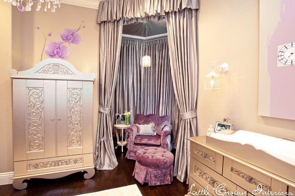 Purple and Vintage Silver: Great example of  utilization of the corner space. The pearly furniture and the curtains are so lush and glamorous, the purple chair plus a little pop. 