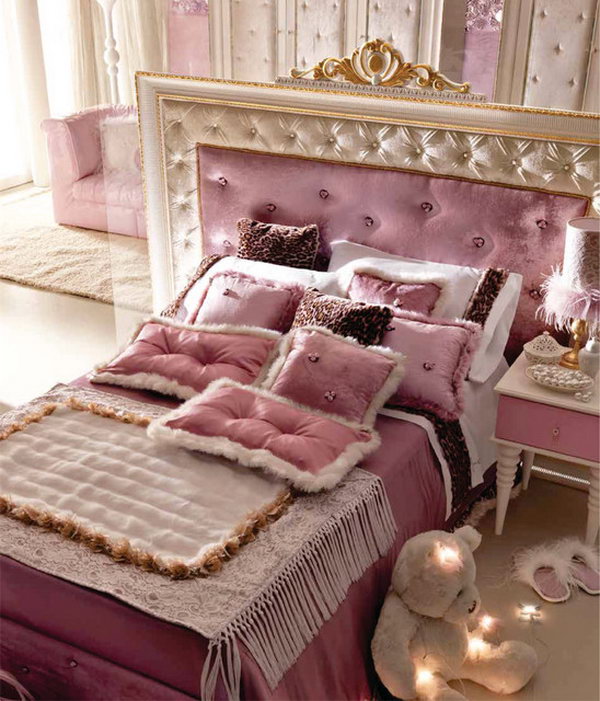 Luxury Lavender Bedroom: Here's a perfect example how the combination of gold and lavender work well to create a luxury and romantic girl's bedroom. Love every single detail of this space.