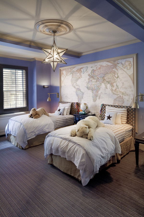 Accdent Wall: This bedroom is warmed up by the fixture's soft glow such as the carpet, the trim, the window in neutral colors. The map as an accent matches the periwinkle purple wall very well. The vintage star lantern is a great addition to this warm bedroom. 
