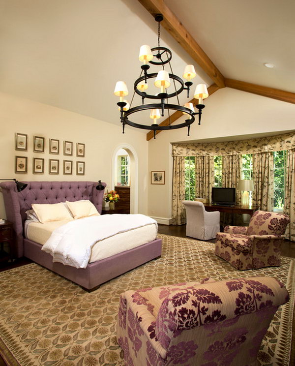 Purple Aganist Neutral: Look at the less cluttered but comfortable organization of the bedroom. I love the inviting and comfortable feel. The window idea with arched door behind the bed to the dressing room is great.