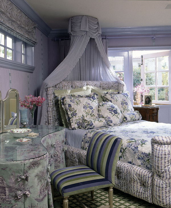Fairy Tale Like Bedroom: It's a gorgeous space that could read both romantic and elegant. Let's check out the details: the colors and the curtain hanging above the bed, the table,  the angle of the bed, the fairy tale like furnishing, the bedding. And they work together to feature a space that is beautiful, and so inviting. 