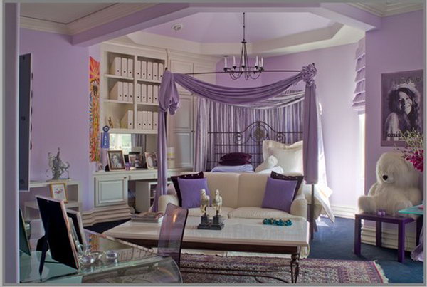 Purple ceiling: I love the canopy and the idea painting the ceiling purple, it seems like a bold move. But in this room, it visually lowers the ceiling to keep it from overly spacious. combined with white, the color scheme make the space feel cozy and inviting. 