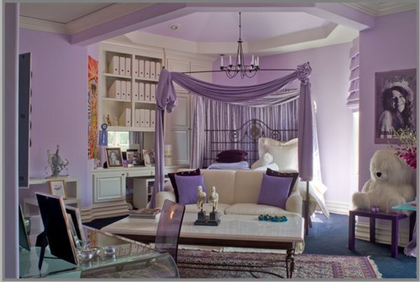 Purple ceiling: I love the canopy and the idea painting the ceiling purple, it seems like a bold move. But in this room, it visually lowers the ceiling to keep it from overly spacious. combined with white, the color scheme make the space feel cozy and inviting.