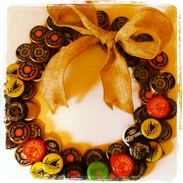 Beer Cap Wreath. It's a creative idea to make this beer cap wreath for your beer tasting party. 