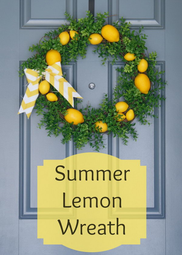Summer Lemon Wreath. Lemons add a pop of summery color to this front door. It completely brightens and refreshes your whole porch. See how to make it 