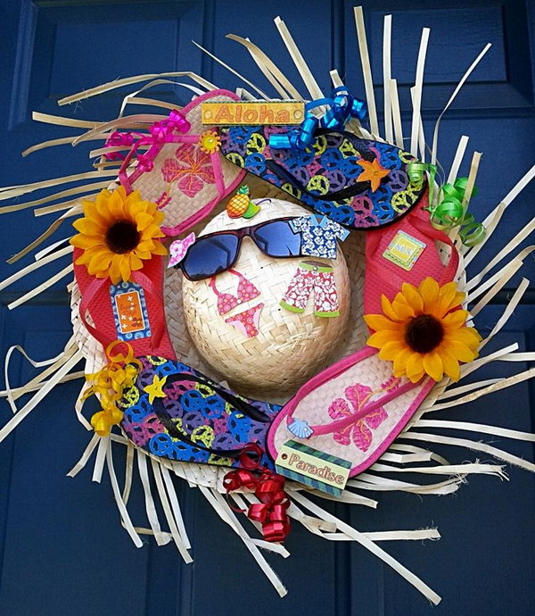 Fun Flip Flop Summer Wreath. Flip flops, sunglasses, shorts, hats have always been a sign of summer. Add a splash of color to your home with this creative and fun flip flop wreath on your door during this summer. 