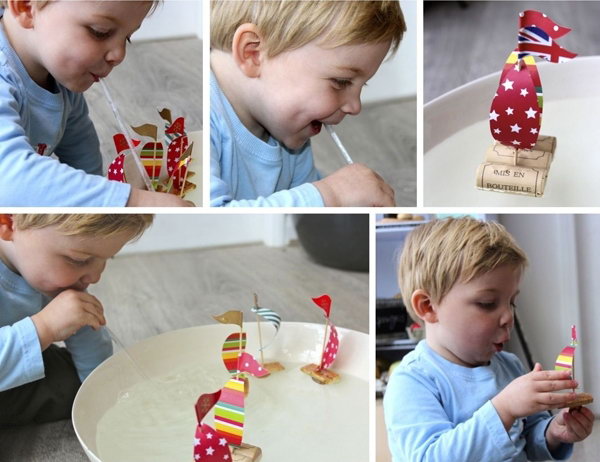 Blue sail. Each child should have his own boat. In order to make this game you need corks of champagne, cut in half lengthwise, a container of water, toothpicks, colored cardboard paper, tape, scissors. The boat is easy to DIY. Use toothpicks to attach the sail and inject them into the cork with the help of adhesive tape.  Put the boats in the water  and let your baby blow on the sails to  direct the movement of the ship. 