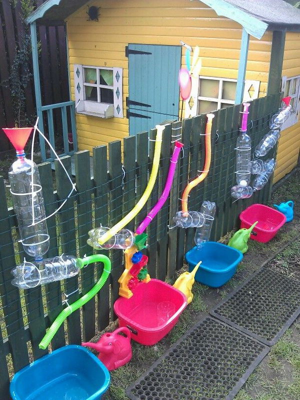  Keep your little ones busy. Great for warmer weather fun. Tack PVC bottles and pipes to a wooden post . Add water, get fun! 