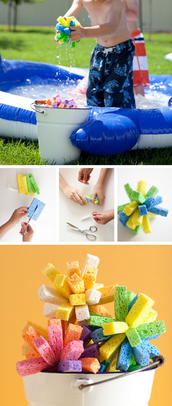 Sponge water bombs. Nothing beats the heat like the  Water Fight, and these Sponge Bombs are sure to get everyone good and wet! The sponges are easy to make. What you need are sponges, scissors, and fishing line. 