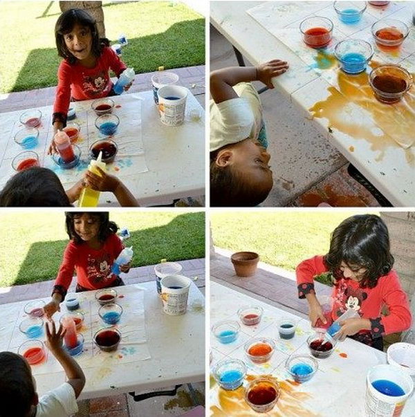 Color Mixing Game. This easy play idea is very interesting for children and taech them a scientific twist on color mixing. What you need for this game are 9 clear cups, 3 squeeze bottles, 3 empty containers and water in primary colors. Then the little ones can play many, many rounds. 