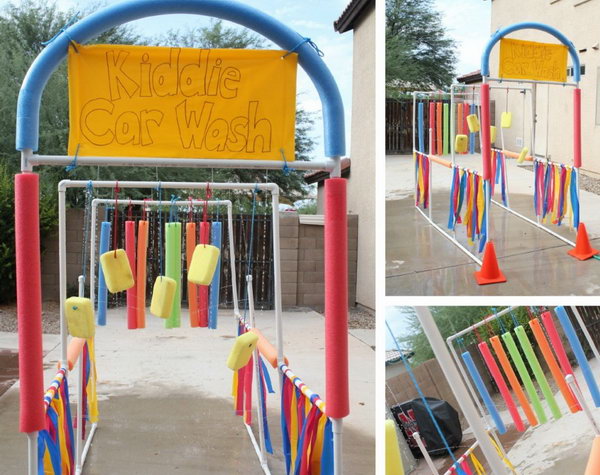 Kiddie car wash. A very effective way to entertain the kids! It’s a tricycle car wash made of PVC pipe and it’s provided hours and hours of fun! It’s like water heaven for the your kids. 