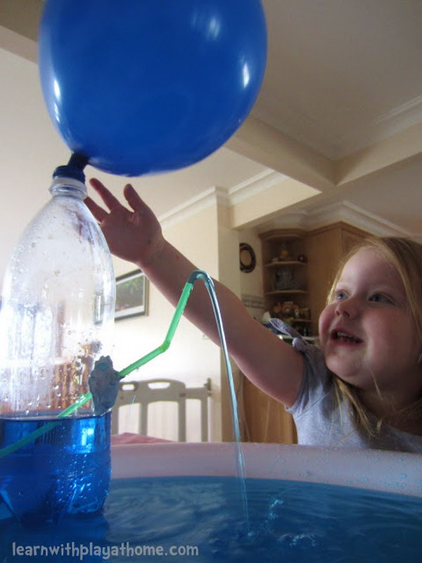 Water bottle fountain. What is better the kids learn with play? Kids enjoy great fun when the air from the balloon pushes the water out through the straw! And this is also a science lesson. Materials you need for this game: empty water bottle, balloon, straw, blu tac (or similar), tray for catching the water (optional). 