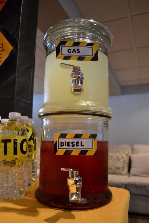 Construction Party Drink Ideas: The glass bottle with the gas and diesel tag on it is very great idea and fitting the theme very much. 