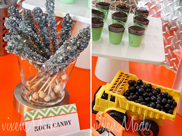 Rock Candy, Black Aniseed Candies in the Dump Truck and Pistachio Pudding Cups Topped with Oreo 