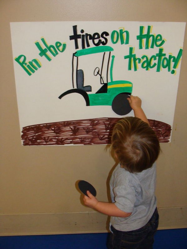 Pin the Tires on the Tractor Game: Birthday Party games are necessary for the never want to sit still babies, try this one to keep them busy. 