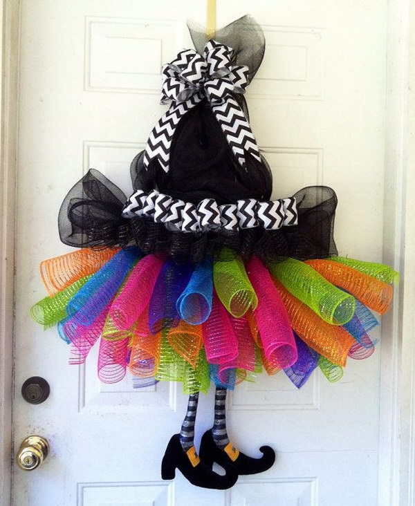 DIY Halloween Witches Tutu with Legs and Witch Hat Deco Mesh Wreath . 