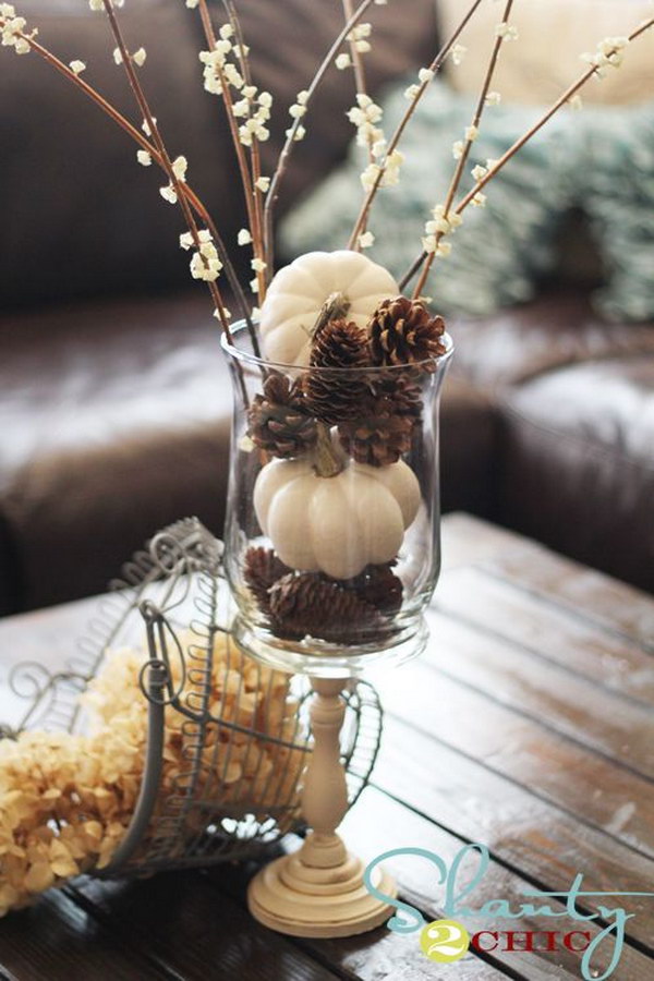 White Pumpkins and Pine Cones. 