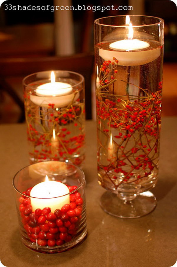 Easy Fall Centerpiece with Fresh Berries and Floating Candles. 