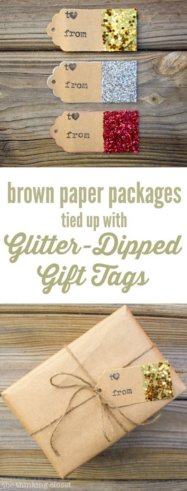 Glitter-Dipped Gift Tags with Brown Paper Package. 